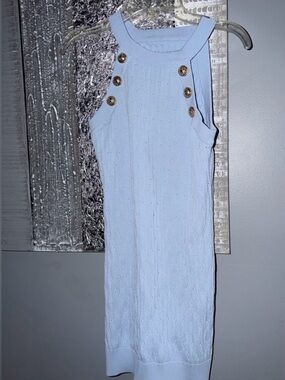 Balmain Light Blue Sleeveless Knit Dress with Gold Accent Buttons